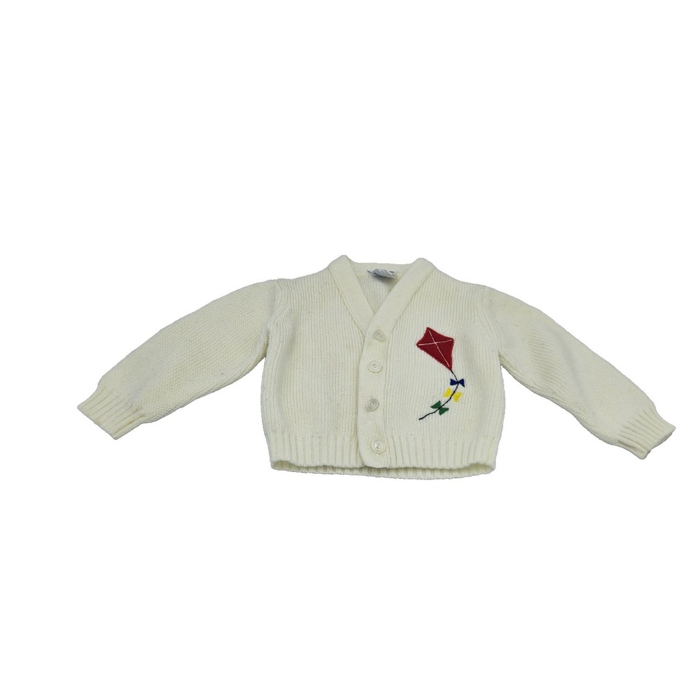 Vintage‎ Baby Cardigan Sweater Knit Kite Graphic USA White Cozy Classic